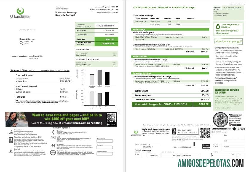 Em branco modelo de conta de serviços públicos urbanos da Austrália em Word e PDF com 2 páginas